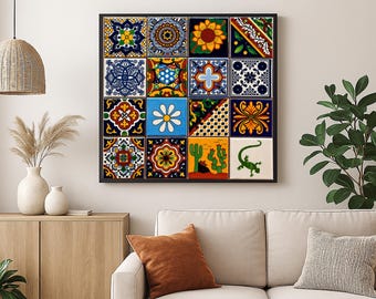 Colorful Mexican Talavera Tile Wall Art Print – 4x4 Collage | Digital Download | Real Tile Photography | Boho Decor
