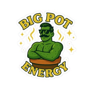 Puede incluir: Una pegatina con una figura verde y musculosa con bigote y gafas de sol, que emerge de una maceta marrón. El texto "BIG POT ENERGY" está en amarillo, con estrellas y líneas onduladas alrededor de la figura.