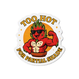 Può includere: Un adesivo con un frutto del drago rosso antropomorfo e muscoloso con occhiali da sole. Il testo "TOO HOT FOR PARTIAL SHADE" è in un design circolare giallo e arancione. Il frutto del drago flette il braccio.