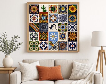 Mexican Talavera Tile Wall Art Print – 5x5 Collage | Digital Download | Real Tile Photography | Colorful Boho Decor