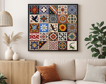 Colorful Mexican Talavera Tile Wall Art Print – 5x5 Collage | Digital Download | Real Tile Photography | Boho Decor