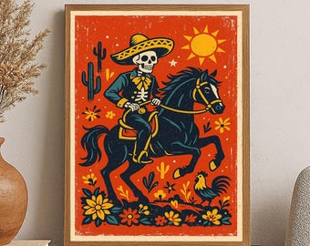 Skeleton Charro Horse Rider Digital Download Print | Día de los Muertos Wall Art | Mexican Folk Art Skeleton Poster | 2:3 Ratio