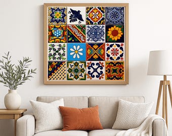 Colorful Mexican Talavera Tile Wall Art Print – 4x4 Collage | Digital Download | Real Tile Photography | Boho Decor