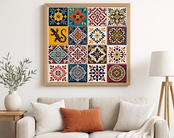 Mexican Talavera Tile Wall Art Print – 4x4 Collage | Digital Download | Real Tile Photography | Colorful Boho Decor