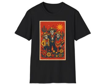 Colorful Dia de los Muertos Trio T-Shirt with Skeleton Design, Unisex Graphic Tee, Festival Wear, Halloween Costume, Gift for Him/Her