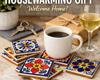 Housewarming Gift Talavera Tile Coasters – Mexican Ceramic Coaster Set – Colorful New Home Gift – Kitchen Decor