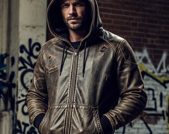 Men's Distressed Brown Leather Hoodie Jacket | Vintage Hooded Biker Style | Retro Motorcycle Outerwear
