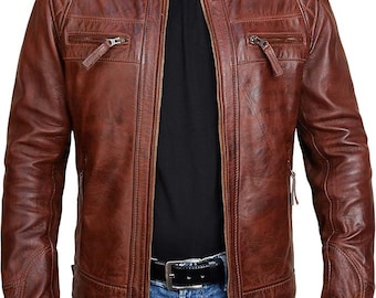 Chaqueta de motociclista de cuero marrón desgastado para hombre: estilo vintage con acolchado de rombos