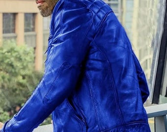 Men's Royal Blue Sheepskin Cafe Racer Jacket: Diamond Quilted