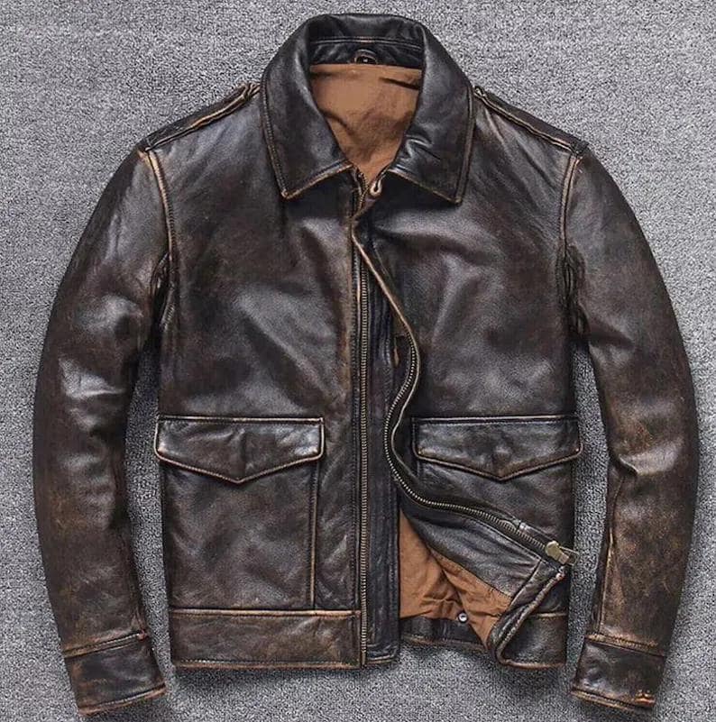 スティッチ!✨80s a-2 real leather jacket A2 Waxed Distressed Brown Real Cowhide Leather Bomber Flight