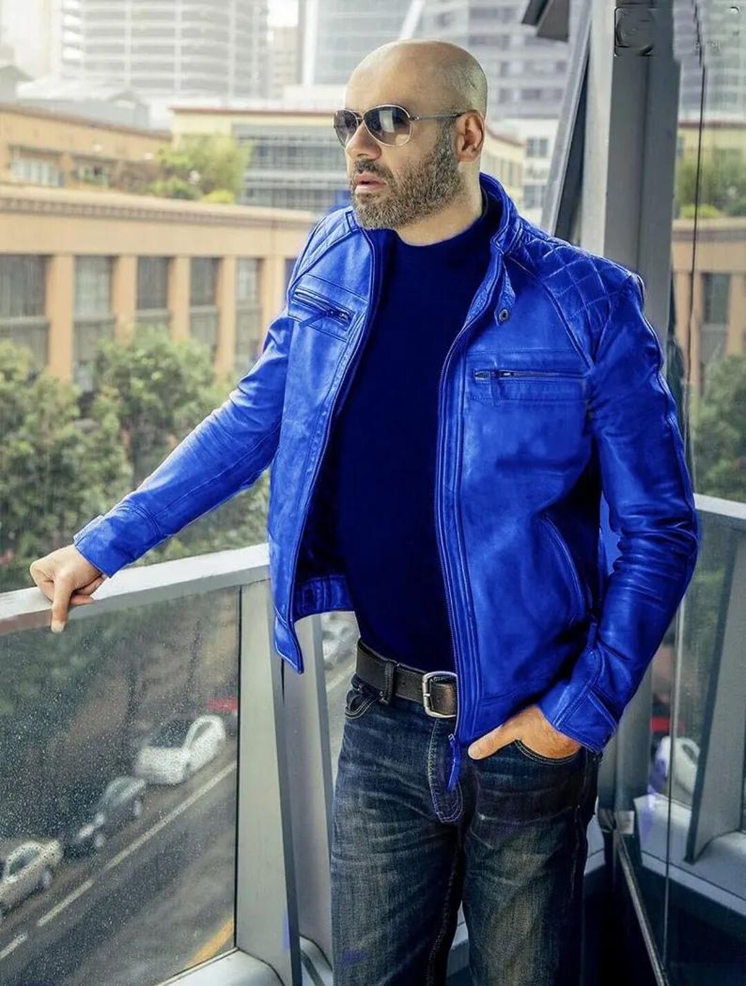 Blue cultレザージャケット Men's Royal Blue Sheepskin Cafe Racer Jacket: Diamond Quilted