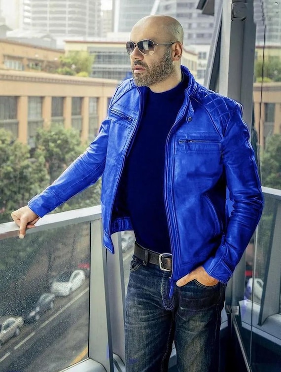 Men's Royal Blue Sheepskin Cafe Racer Jacket: Diamond Quilted