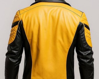 メンズ イエロー＆ブラック フェイクレザー バイカージャケット：モト