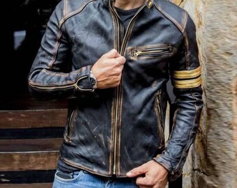 Men's Cafe Racer Lambskin Leather Jacket: Vintage Biker Style