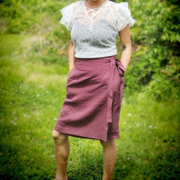 Enzyme Stone Washed French 100% Linen Skirt | Minimalist Wrap Skirt