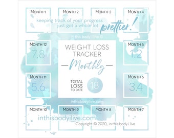 Monthly Weight Loss Tracker | Weight Loss Diary | Digital Download | Turquoise Splash