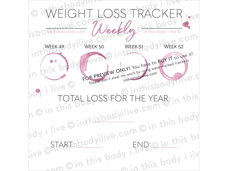 Weekly Weight Loss Trackers Set of 5 Weightloss Motivation Digital Download Wine O'Clock image 5