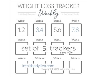 Weekly Weight Loss Trackers - Set of 5 | Weight Loss Calendar | Digital Download | Minimal Black