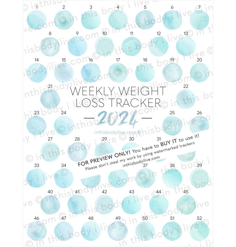 52 Week Weight Loss Tracker 2024 Weight Loss Chart Digital Download Aqua Splash image 3