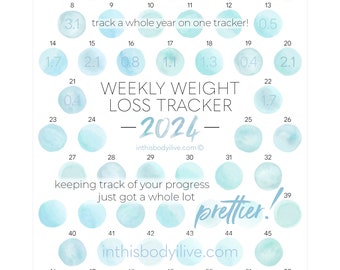 52 Week Weight Loss Tracker 2024 | Weight Loss Chart | Digital Download | Aqua Splash