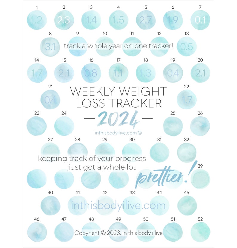 52 Week Weight Loss Tracker 2024 Weight Loss Chart Digital Download Aqua Splash image 1