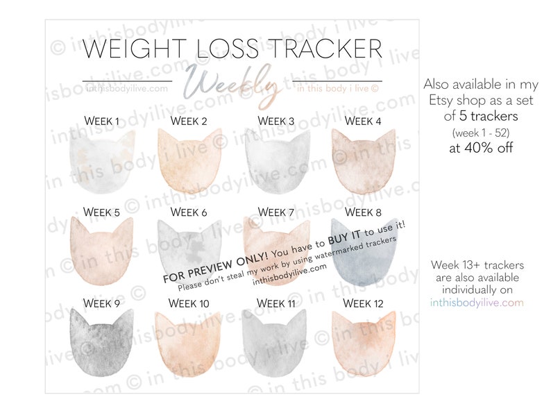Weekly Weight Loss Tracker Cats Weight Loss Chart Digital Download zdjęcie 3