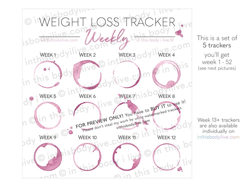 Weekly Weight Loss Trackers Set of 5 Weightloss Motivation Digital Download Wine O'Clock image 3