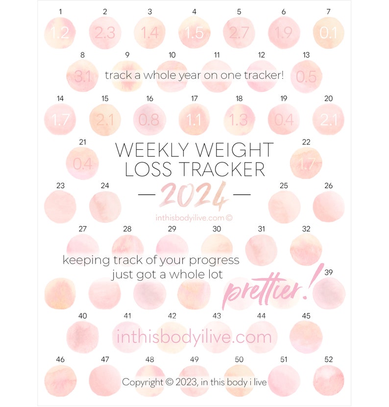 52 Week Weight Loss Tracker 2024 Weight Loss Chart Digital Download Coral Peach image 1