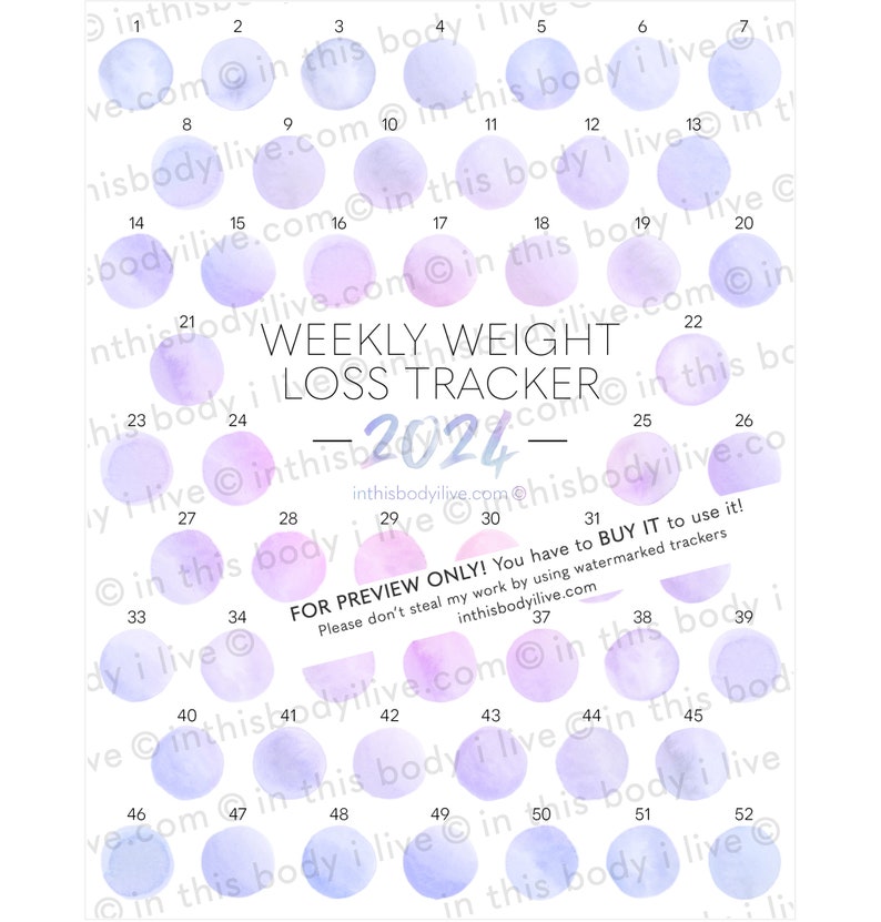 52 Week Weight Loss Tracker 2024 Weight Loss Chart Digital Download Purple Splash image 3