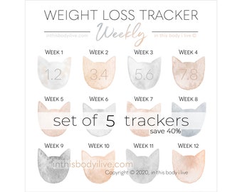 Weekly Weight Loss Trackers - Set of 5 | Cats | Weight Loss Motivation | Digital Download