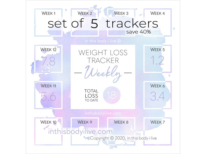 Weekly Weight Loss Trackers Set of 5 Goal Tracker Digital Download Purple Splash image 1