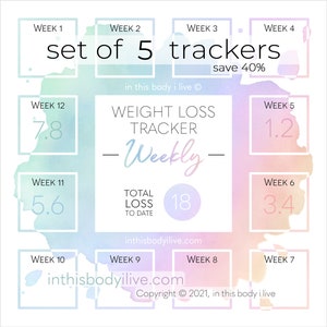 Weekly Weight Loss Trackers Set of 5 Goal Tracker Digital Download Rainbow Splash imagen 1