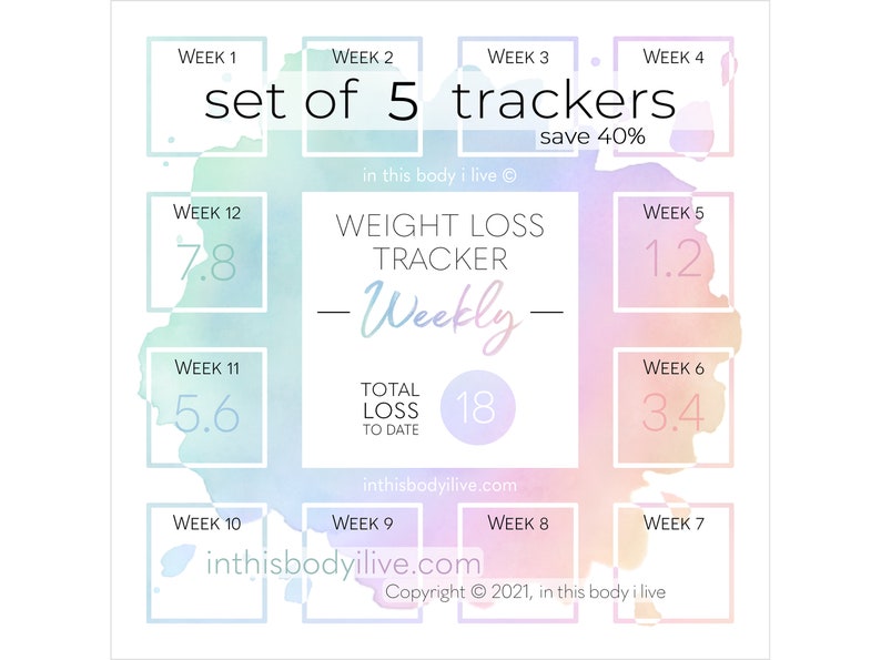 Weekly Weight Loss Trackers Set of 5 Goal Tracker Digital Download Rainbow Splash image 1