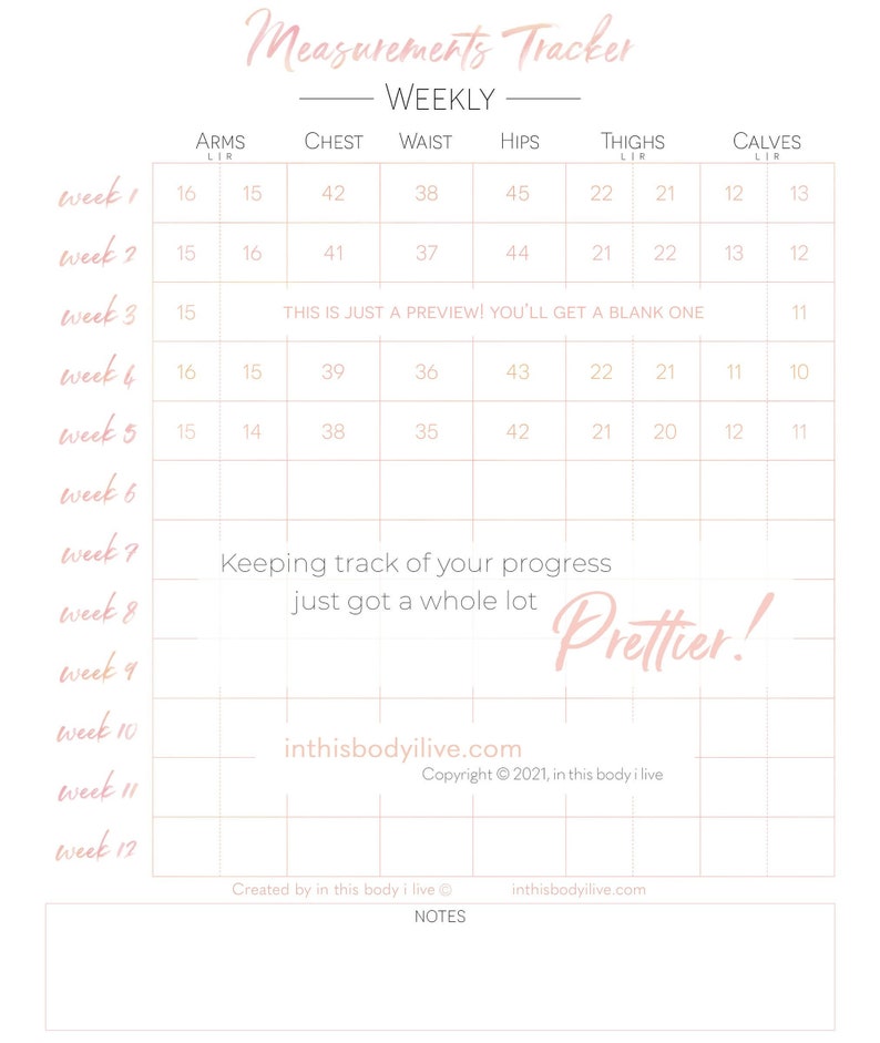 Weekly Measurements Tracker Inches Lost Chart Digital Download Printable Coral Peach image 1