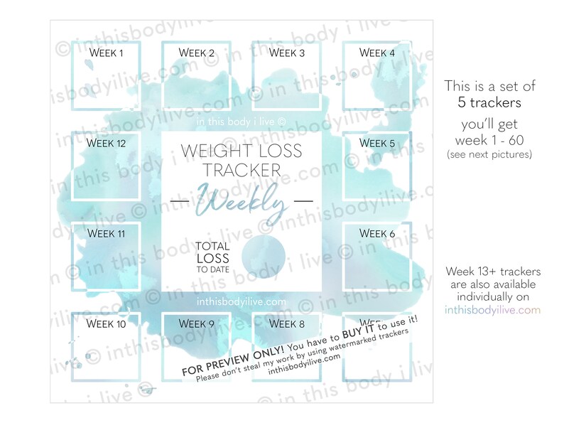 Weekly Weight Loss Trackers Set of 5 Weightloss Planner Digital Download Turquoise Splash image 3
