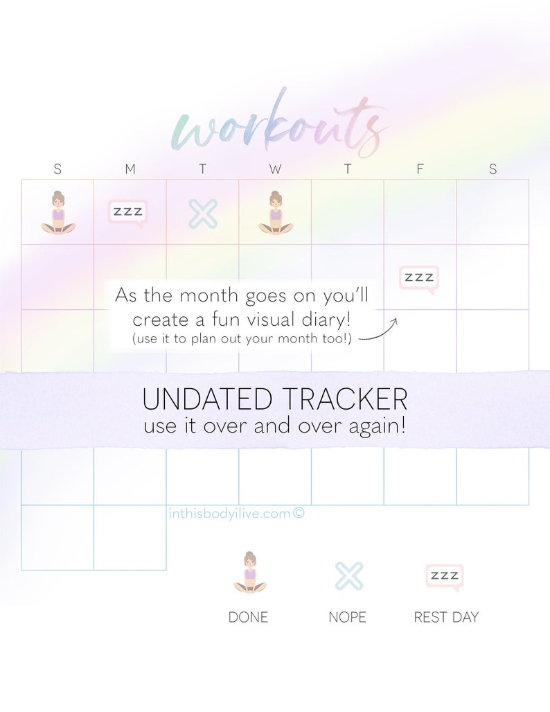 Daily Workouts Tracker Workout Calendar Digital Download Printable Over the Rainbow image 1