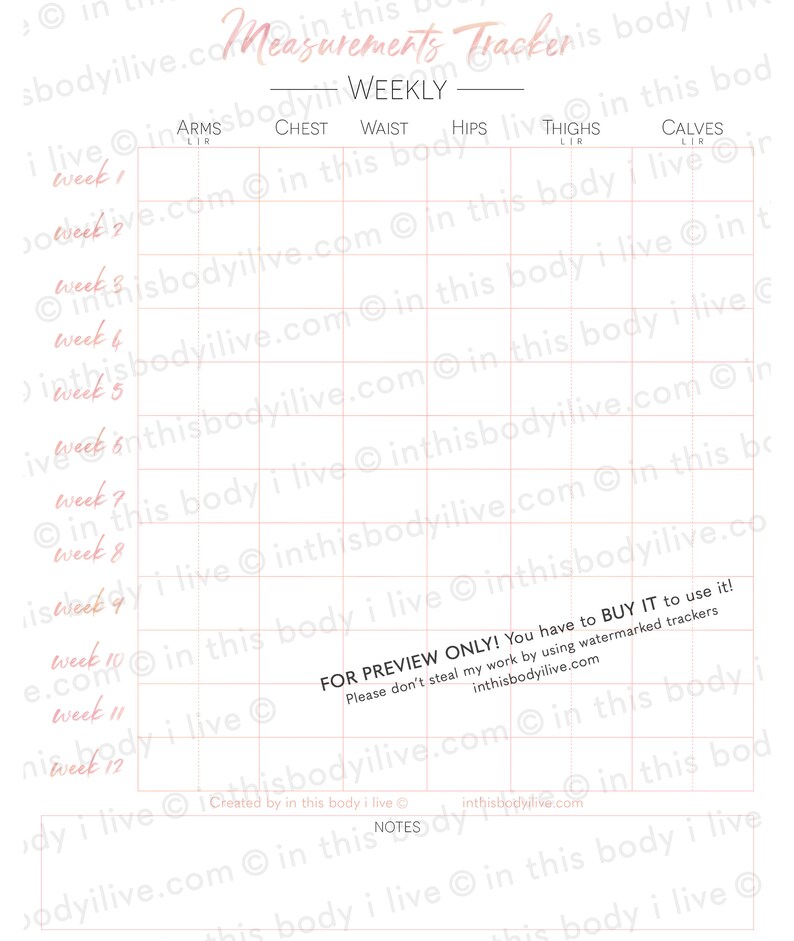 Weekly Measurements Tracker Inches Lost Chart Digital Download Printable Coral Peach image 3