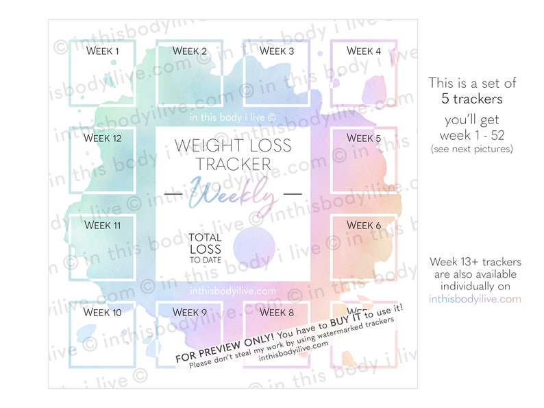 Weekly Weight Loss Trackers Set of 5 Goal Tracker Digital Download Rainbow Splash imagen 3