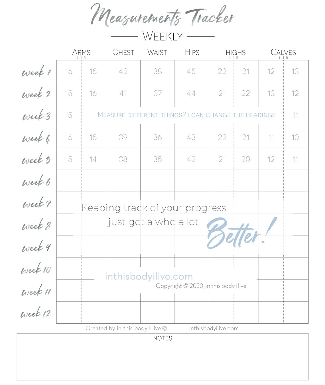 Weekly Measurements Chart Inches Lost Tracker Digital Etsy