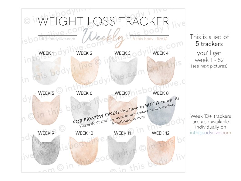 Weekly Weight Loss Trackers Set of 5 Cats Weight Loss Motivation Digital Download image 3