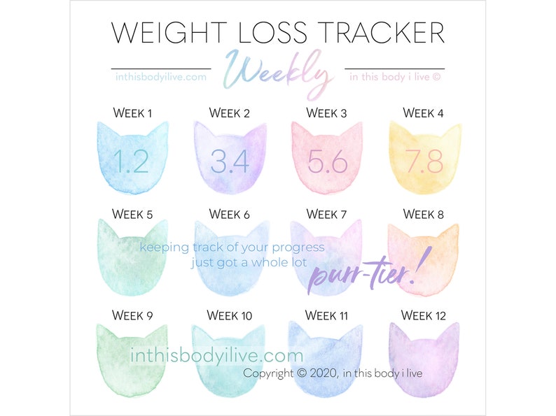 Weekly Weight Loss Tracker Rainbow Cats Weight Loss Chart Digital Download image 1