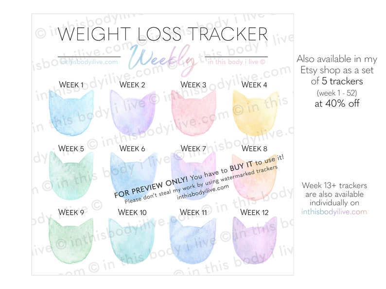 Weekly Weight Loss Tracker Rainbow Cats Weight Loss Chart Digital Download image 3