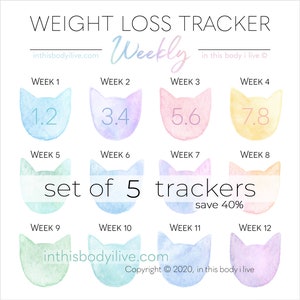 Weekly Weight Loss Trackers Set of 5 Rainbow Cats Weight Loss Motivation Digital Download image 1
