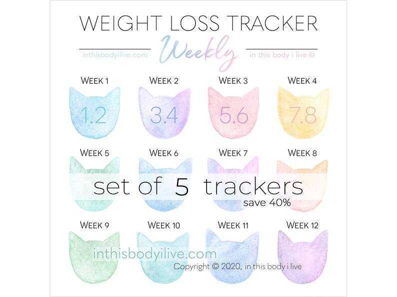 Weekly Weight Loss Trackers Set of 5 Rainbow Cats Weight Loss Motivation Digital Download image 1