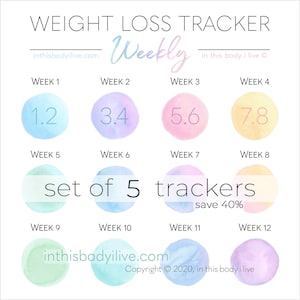 Weekly Weight Loss Trackers Set of 5 Weight Loss Motivation Digital Download Over the Rainbow image 1