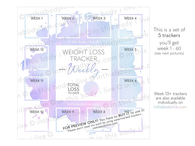 Weekly Weight Loss Trackers Set of 5 Goal Tracker Digital Download Purple Splash image 3