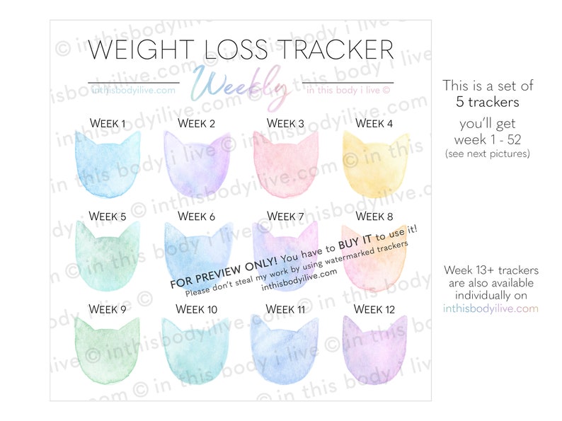 Weekly Weight Loss Trackers Set of 5 Rainbow Cats Weight Loss Motivation Digital Download image 3