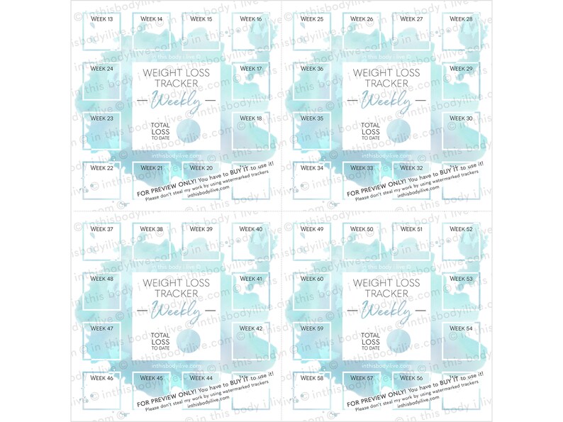 Weekly Weight Loss Trackers Set of 5 Weightloss Planner Digital Download Turquoise Splash image 4