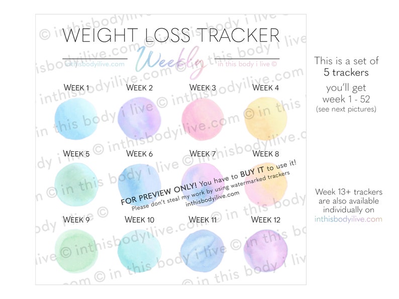 Weekly Weight Loss Trackers Set of 5 Weight Loss Motivation Digital Download Over the Rainbow image 3