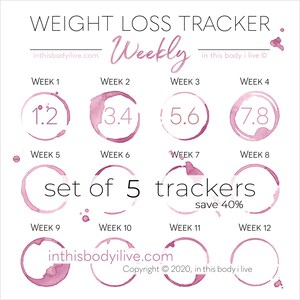 Weekly Weight Loss Trackers Set of 5 Weightloss Motivation Digital Download Wine O'Clock image 1